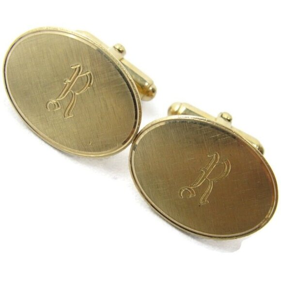"R" Initial Vintage 12K Gold Filled Cufflinks Vintage Brushed Finish - Picture 1 of 16